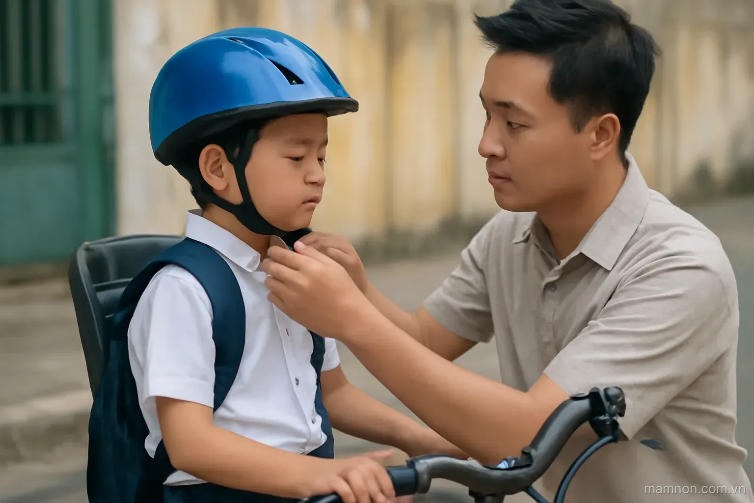 Chở con đi học bằng xe máy: mũ, đai, ghế và giờ tan học ở cổng trường